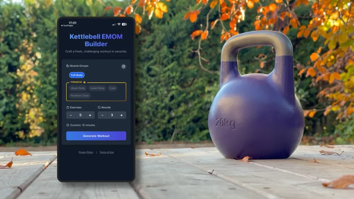 Screenshot of the new Kettlebell EMOM Builder v1.4.0 workout generator interface
