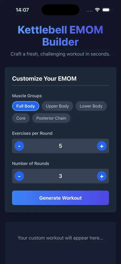 Kettlebell EMOM app showing Big Timer display for clarity during high-intensity training